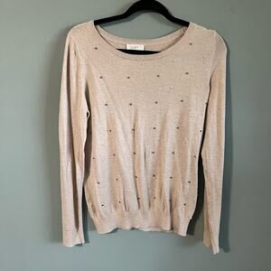 LOFT Women's Lightweight Neutral Knit Top, Beige w/ Pearl Deal, Medium